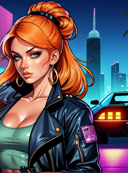 woman, car, city, neon, palm tree