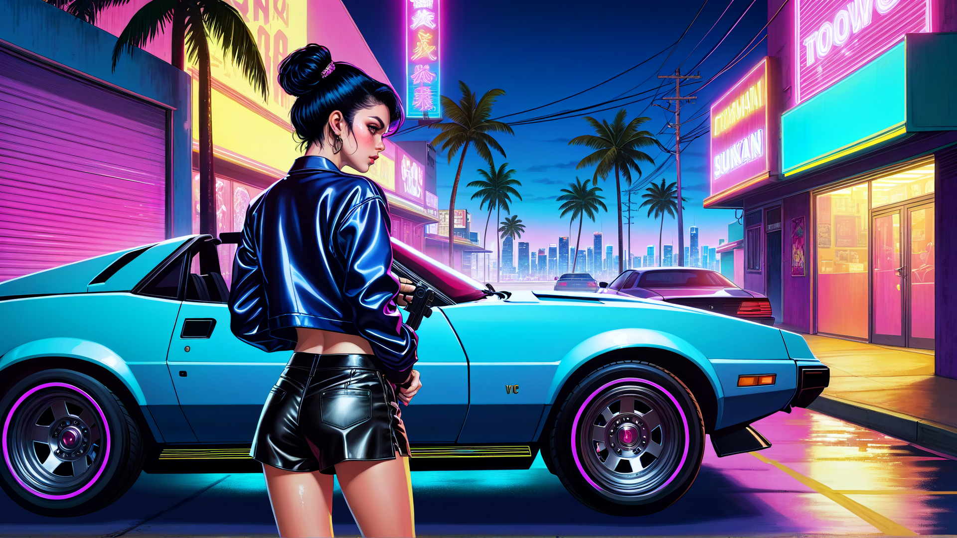 AI generated wallpaper featuring woman, car, neon