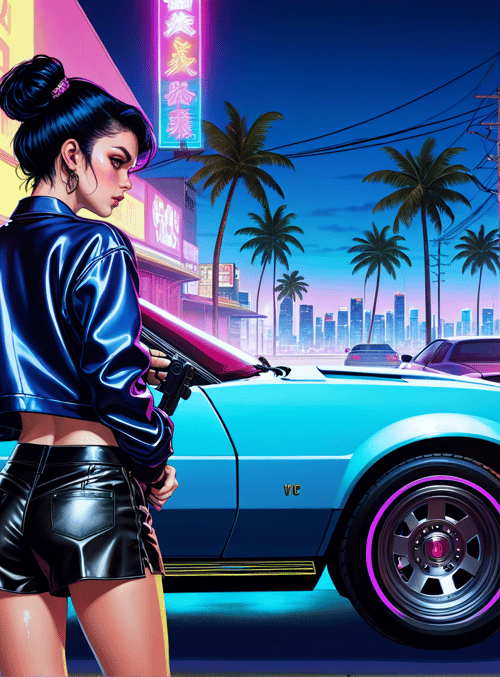 woman, car, neon