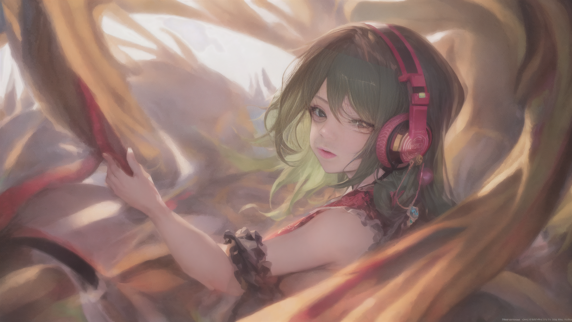 AI generated wallpaper featuring girl, headphones, fabric