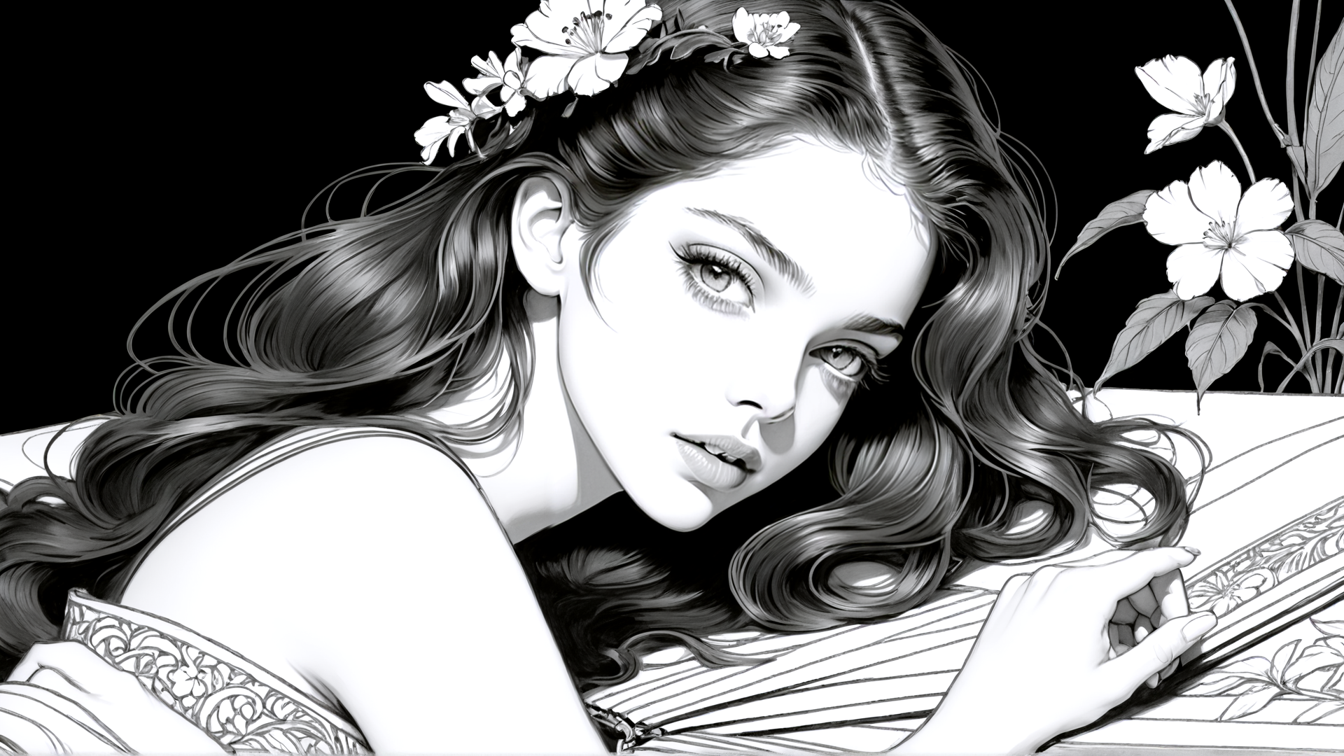 AI generated wallpaper featuring woman, flowers, book