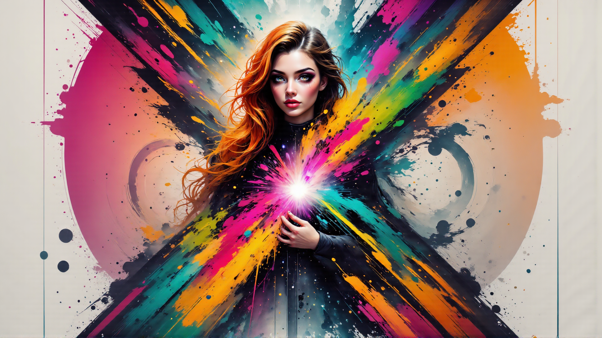 AI generated wallpaper featuring woman, art, light, painting, color, soul, energy, paint, splash, star