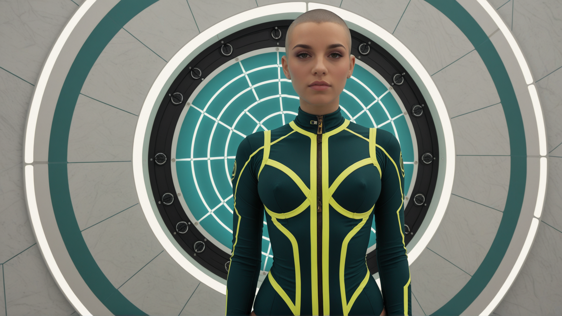 AI generated wallpaper featuring woman, cyberpunk, suits, door, goggles