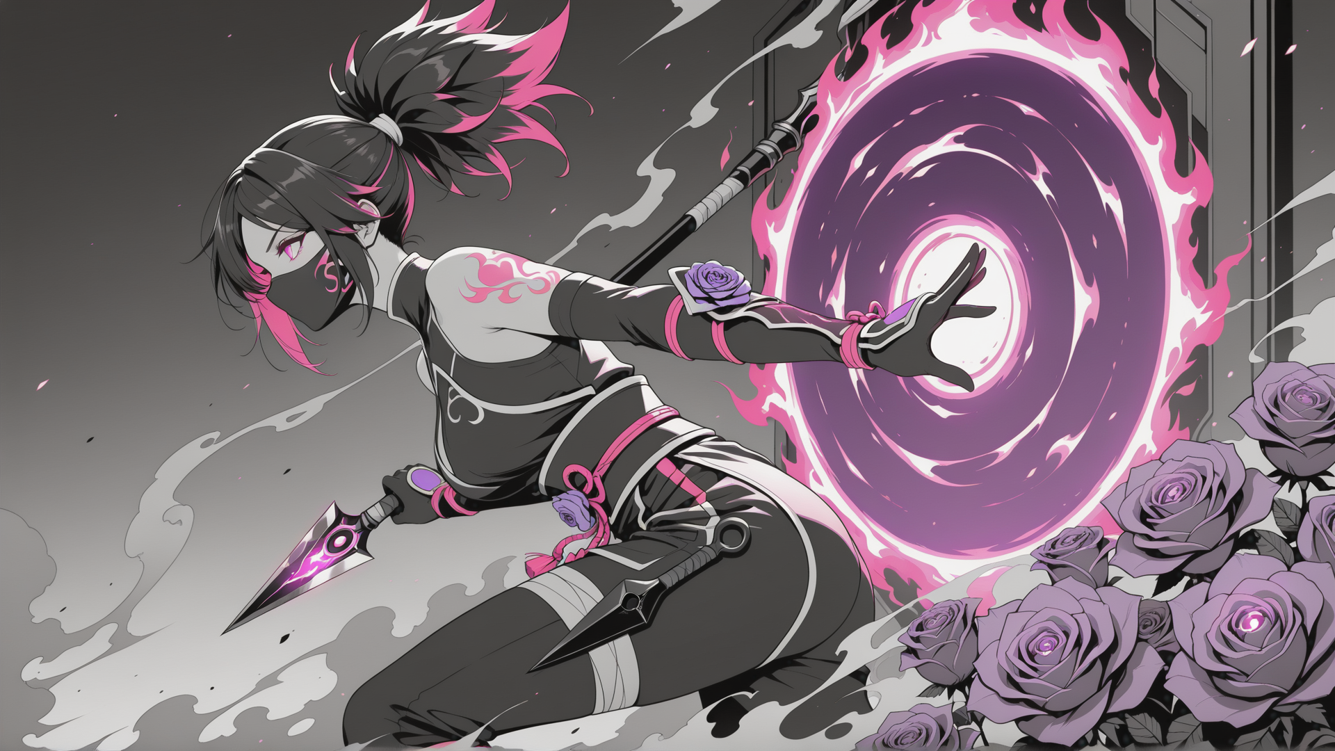 AI generated wallpaper featuring ninja, girl, sword, roses, portal