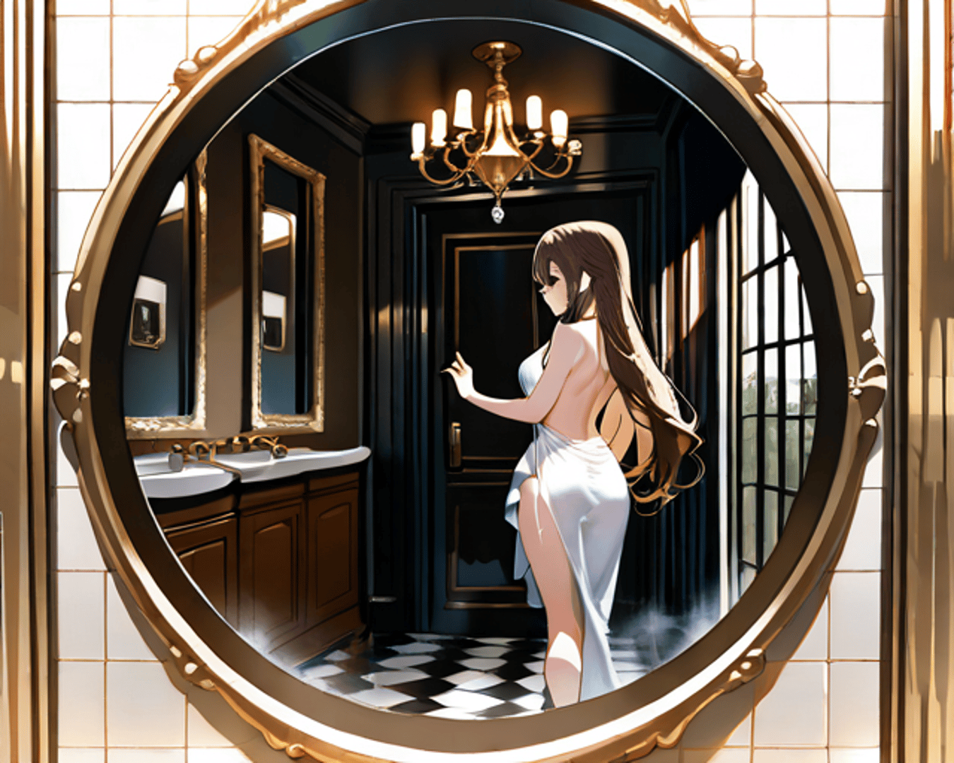 AI generated wallpaper featuring woman, bathroom, mirror