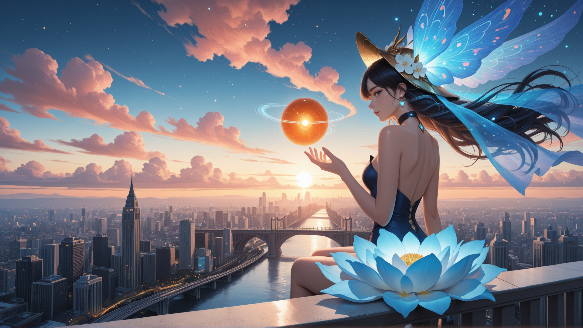 AI generated wallpaper featuring fairy, lotus, cityscape, sun, planet, woman