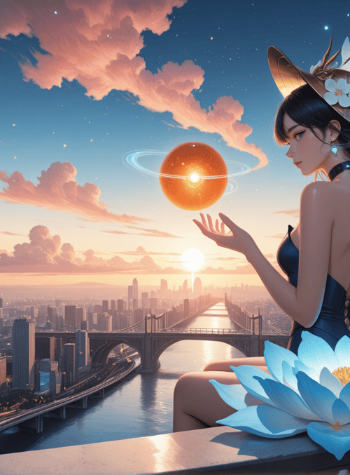 fairy, lotus, cityscape, sun, planet, woman