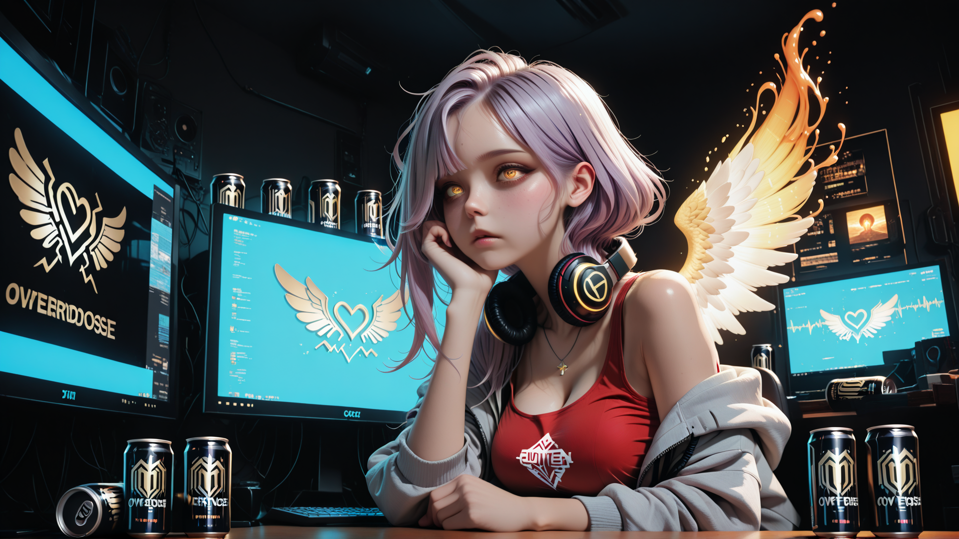 AI generated wallpaper featuring gamer, angel, headphones, monitor, can, computer, wing, girl, logo, desk