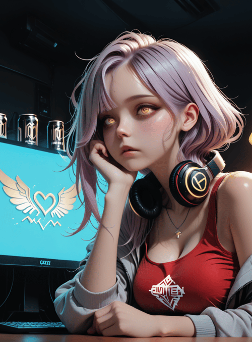 gamer, angel, headphones, monitor, can, computer, wing, girl, logo, desk