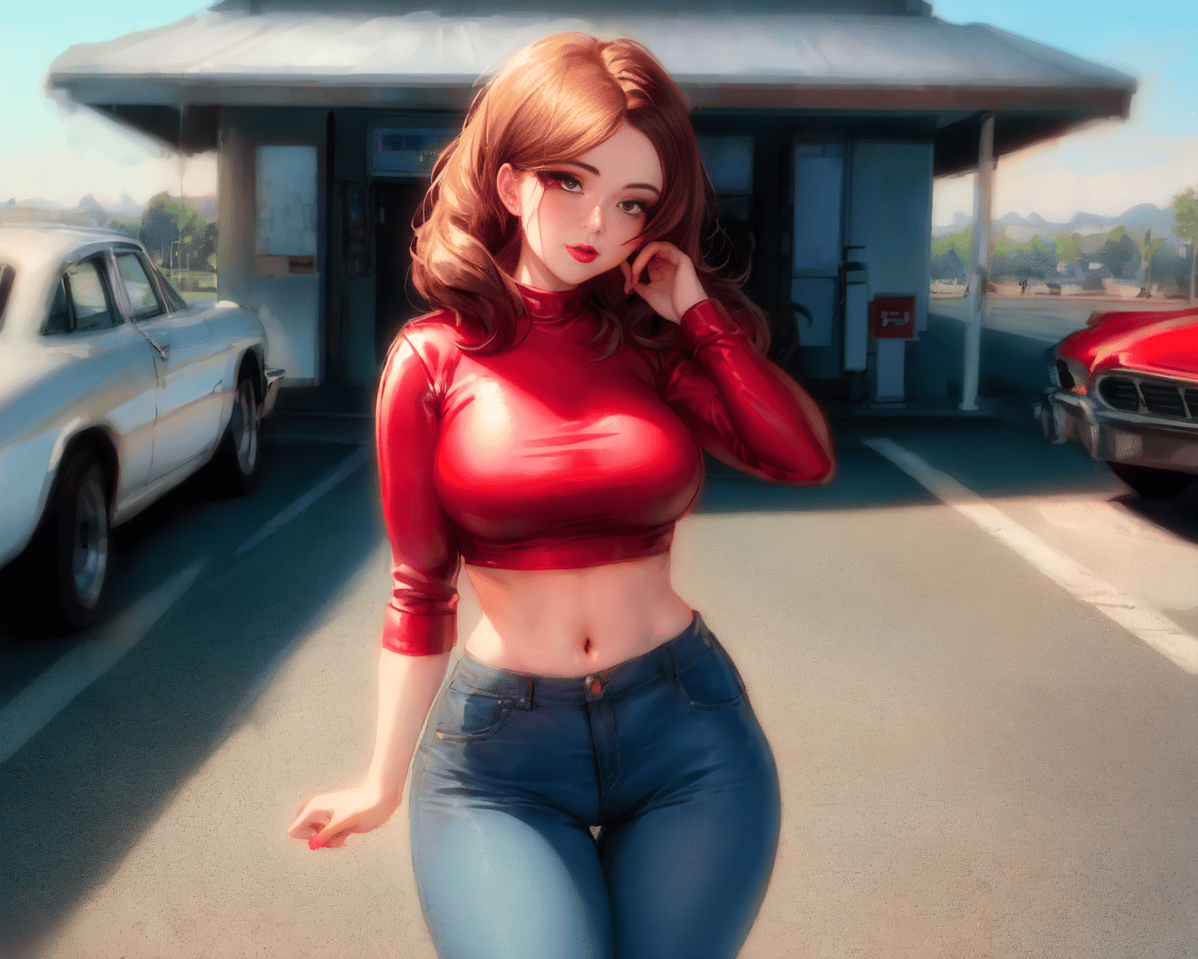 AI generated wallpaper featuring woman, cars, gas station
