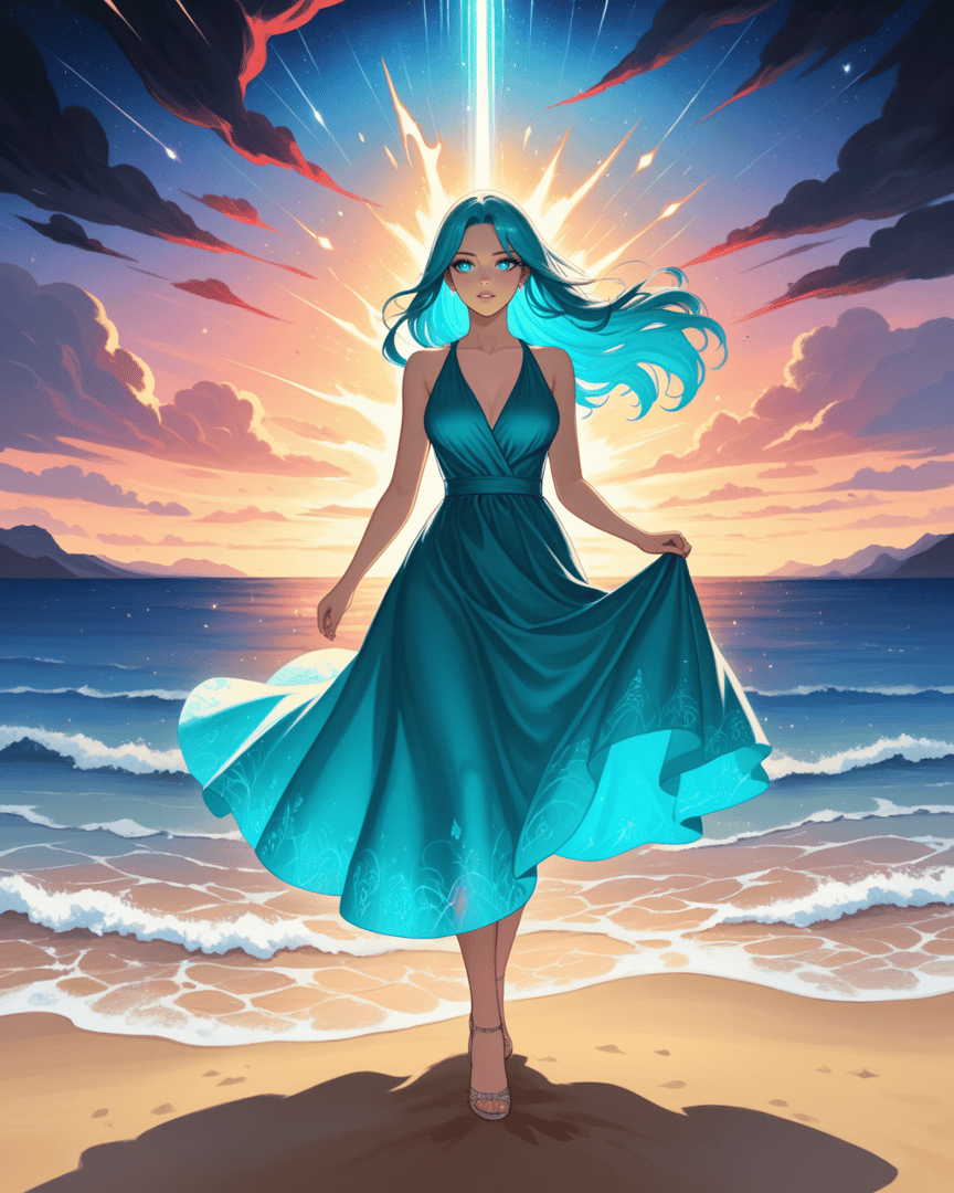 AI generated wallpaper featuring woman, dress, beach