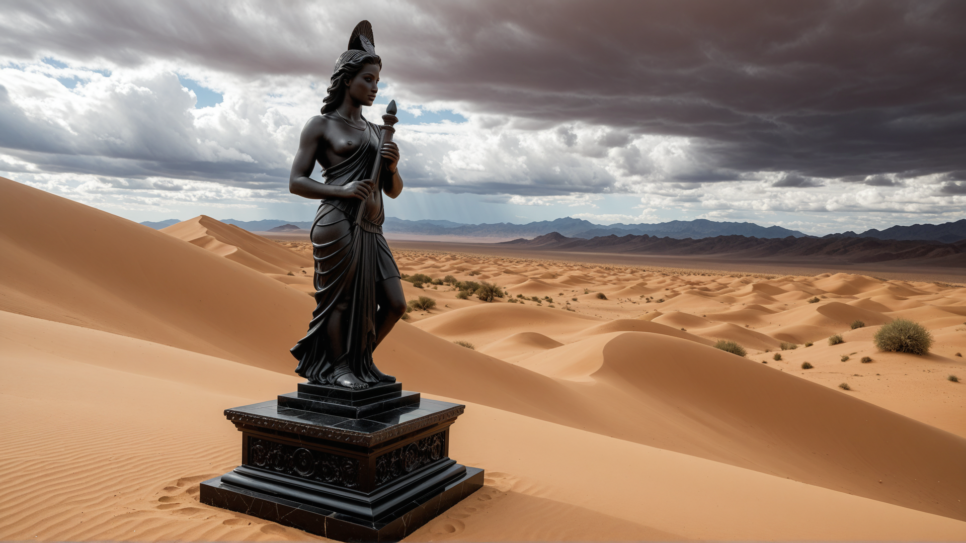 AI generated wallpaper featuring statue, desert, sands, dunes, sky, clouds, mountains, statue base, statue figure, statue head