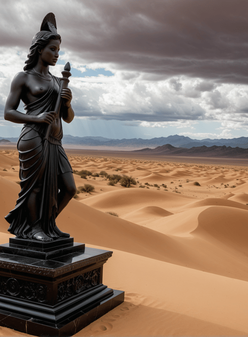 statue, desert, sands, dunes, sky, clouds, mountains, statue base, statue figure, statue head