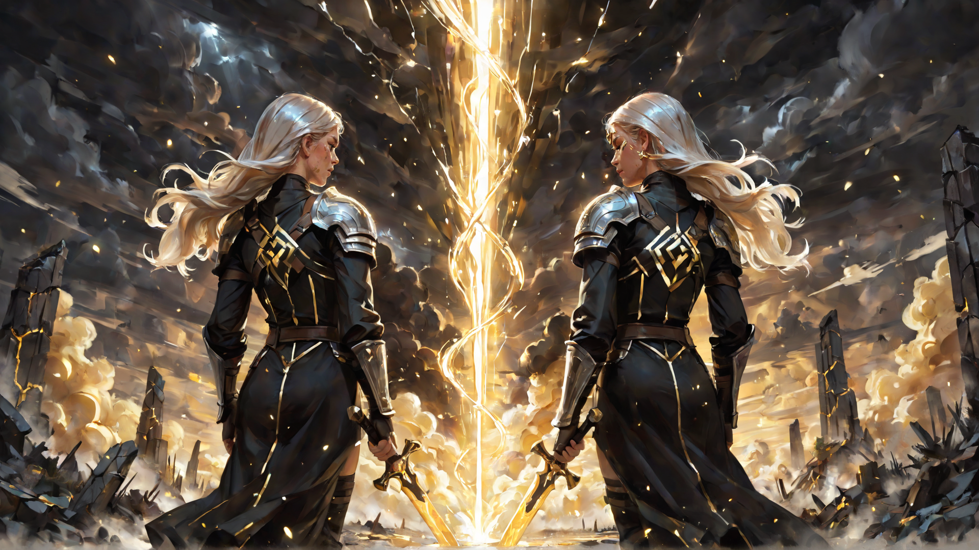 AI generated wallpaper featuring soldiers, armor, swords, lightning, ruins