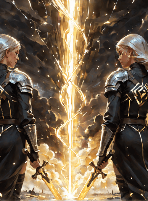 soldiers, armor, swords, lightning, ruins
