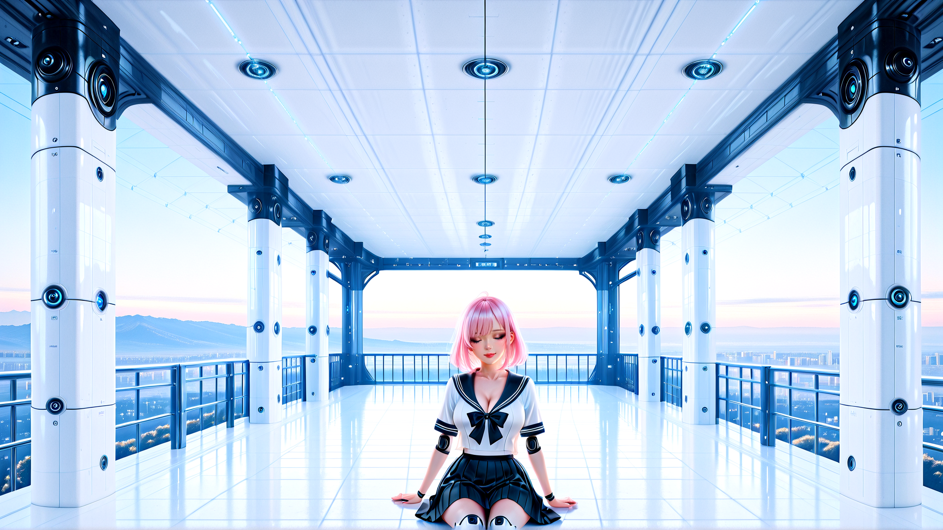 AI generated wallpaper featuring girl, robot, sailor uniform, cyberpunk, futuristic, building, cityscape, mountain, sky, floor