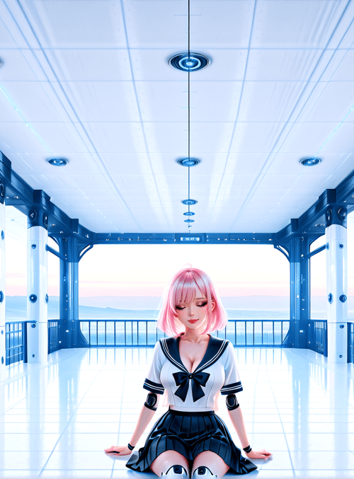 girl, robot, sailor uniform, cyberpunk, futuristic, building, cityscape, mountain, sky, floor