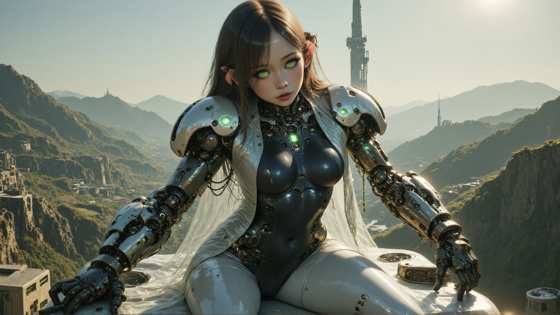 AI generated wallpaper featuring cyborg, robot, woman, armor, sleeveless, gloved, cherry, lady, mechanical, veil