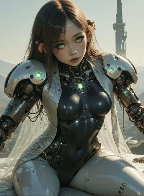 cyborg, robot, woman, armor, sleeveless, gloved, cherry, lady, mechanical, veil