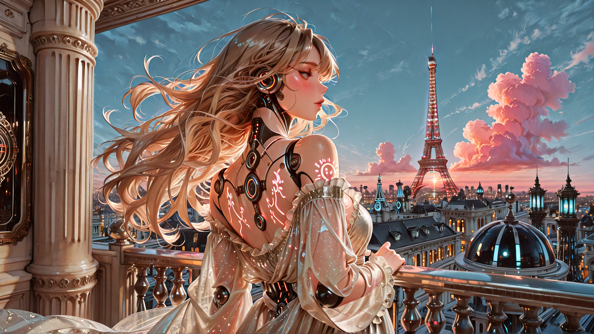 AI generated wallpaper featuring cyborg, woman, eiffel tower, balcony, cityscape