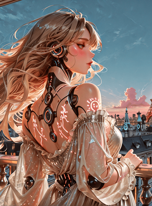 cyborg, woman, eiffel tower, balcony, cityscape