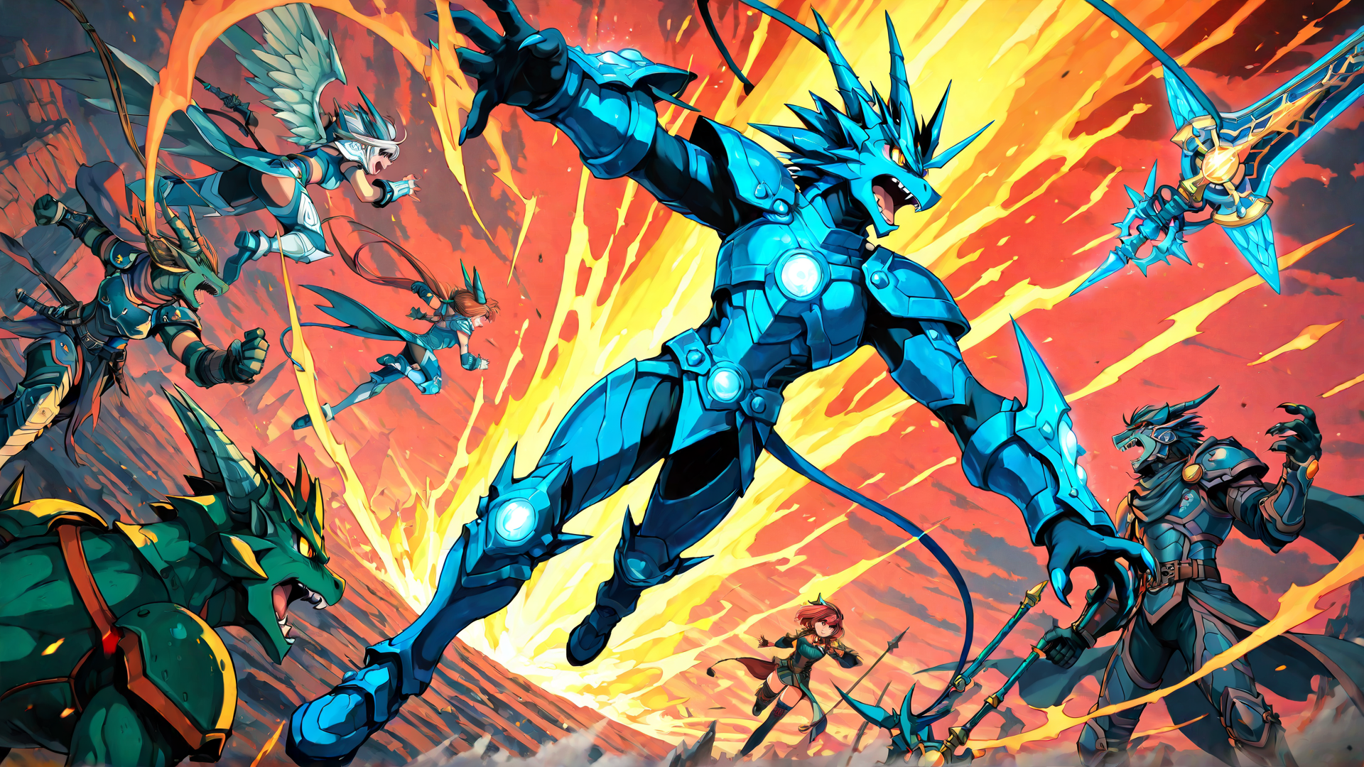AI generated wallpaper featuring dragon, warrior, character, armored, creature, hero, giant, fantasy, art, sword