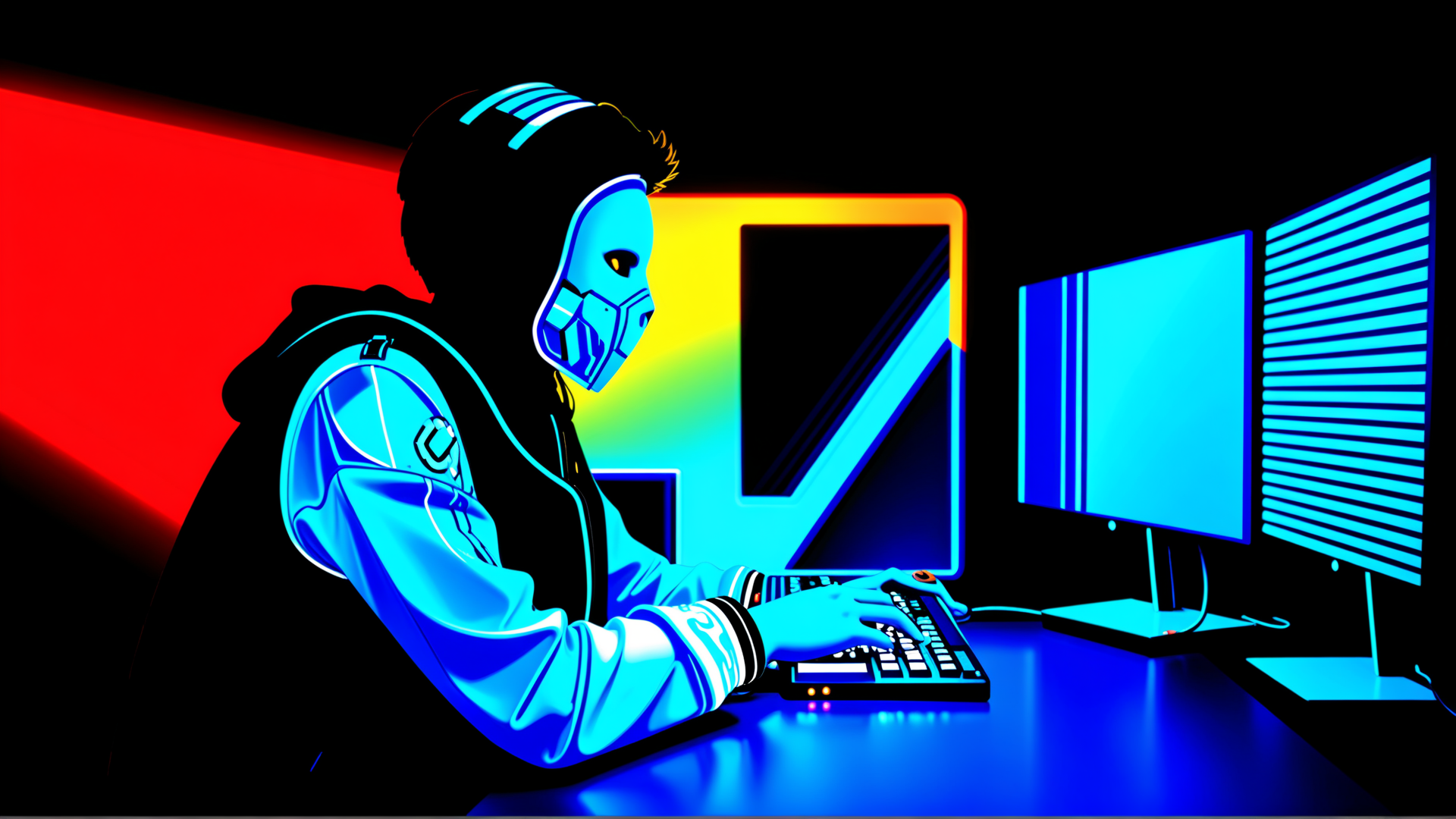 AI generated wallpaper featuring gamer, computer, keyboard, monitor, hoodie, mask