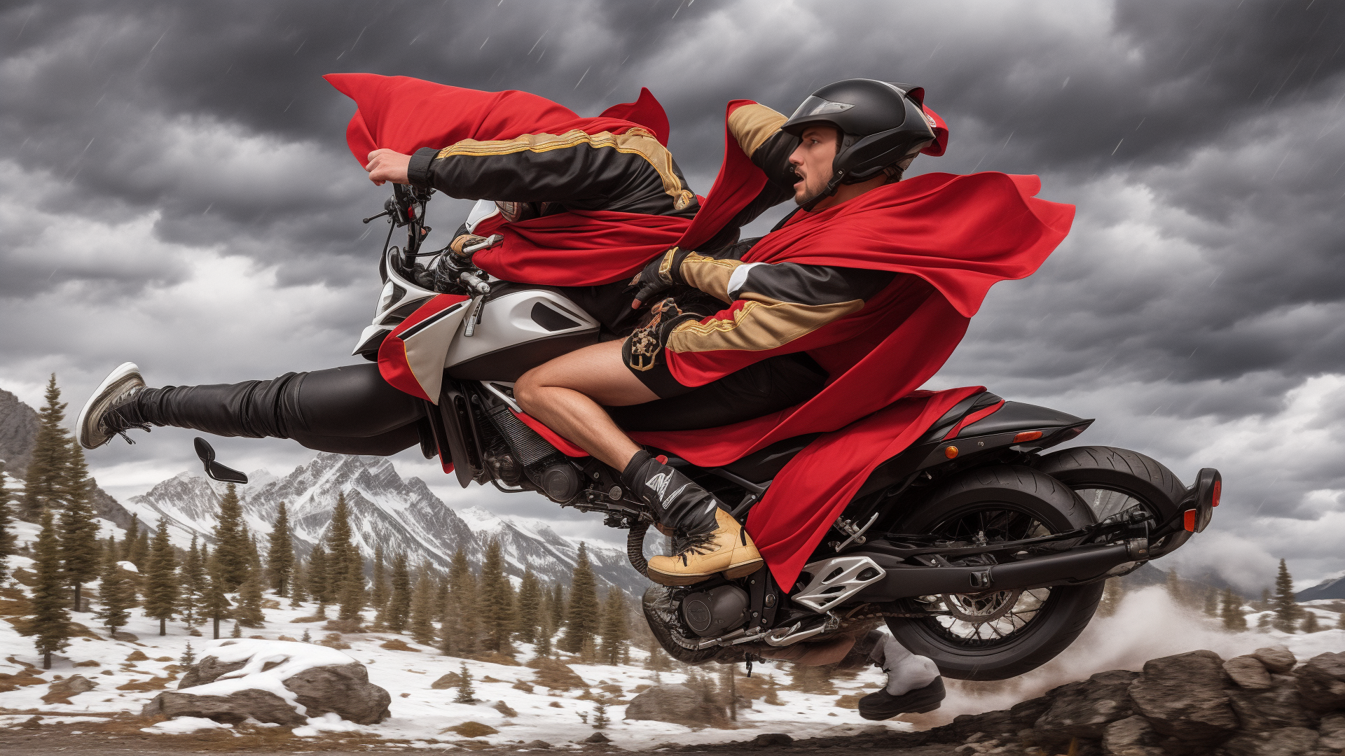 AI generated wallpaper featuring motorcyclist, cape, mountain