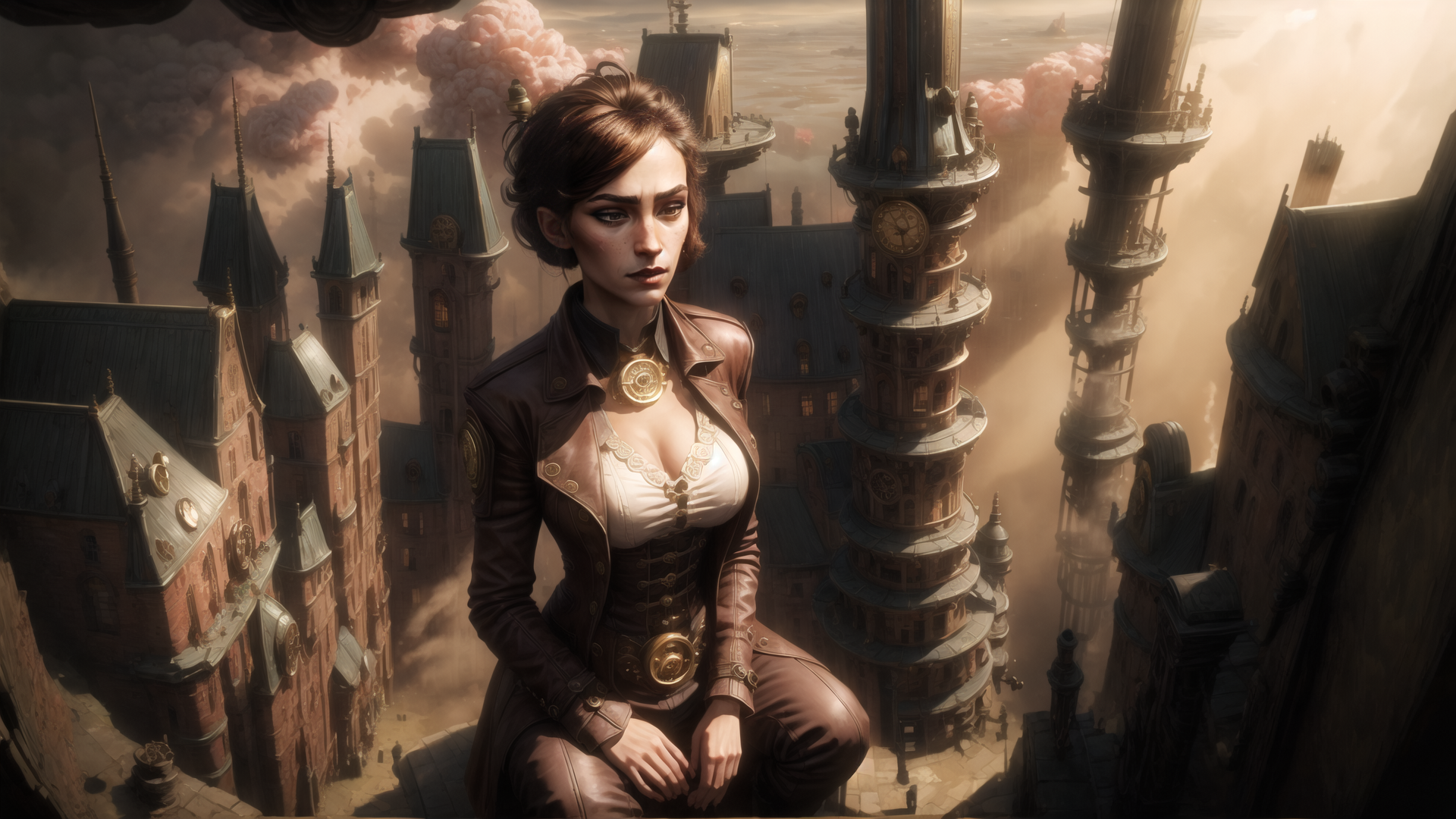 AI generated wallpaper featuring woman, steampunk, cityscape