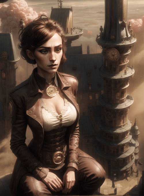 woman, steampunk, cityscape