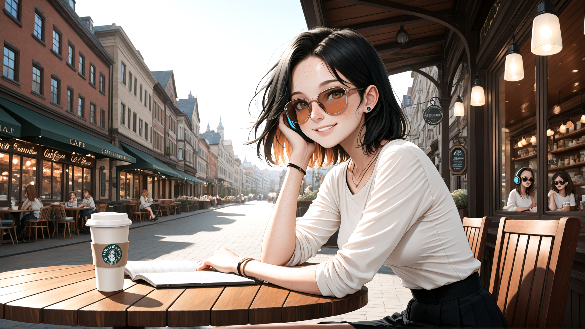 AI generated wallpaper featuring woman, cafe, street, coffee, book, sunglasses