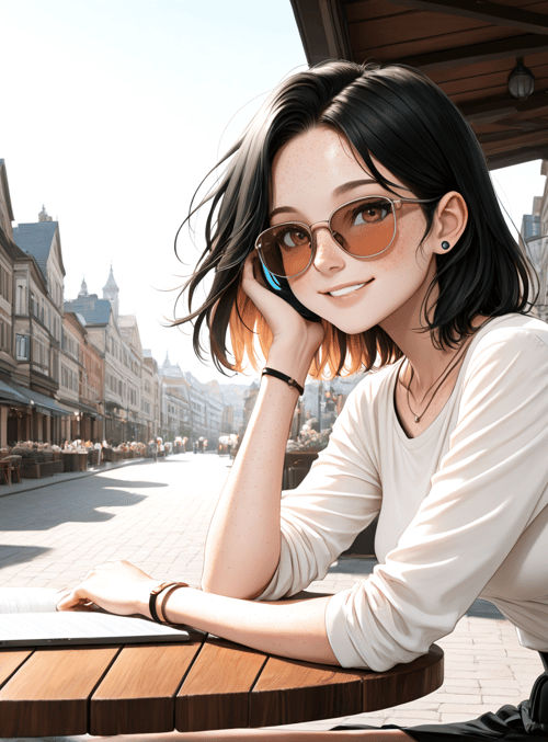 woman, cafe, street, coffee, book, sunglasses