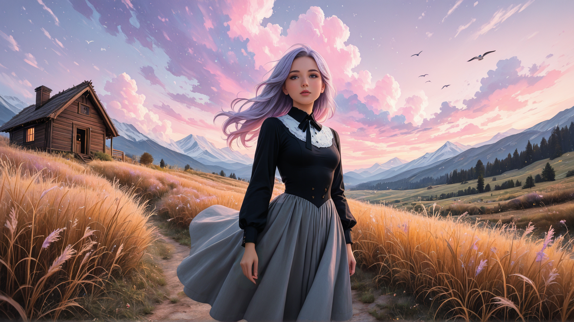 AI generated wallpaper featuring woman, house, mountains