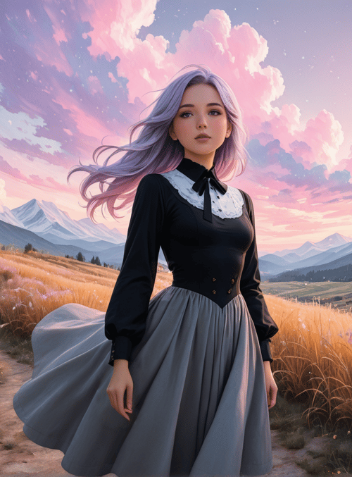 woman, house, mountains