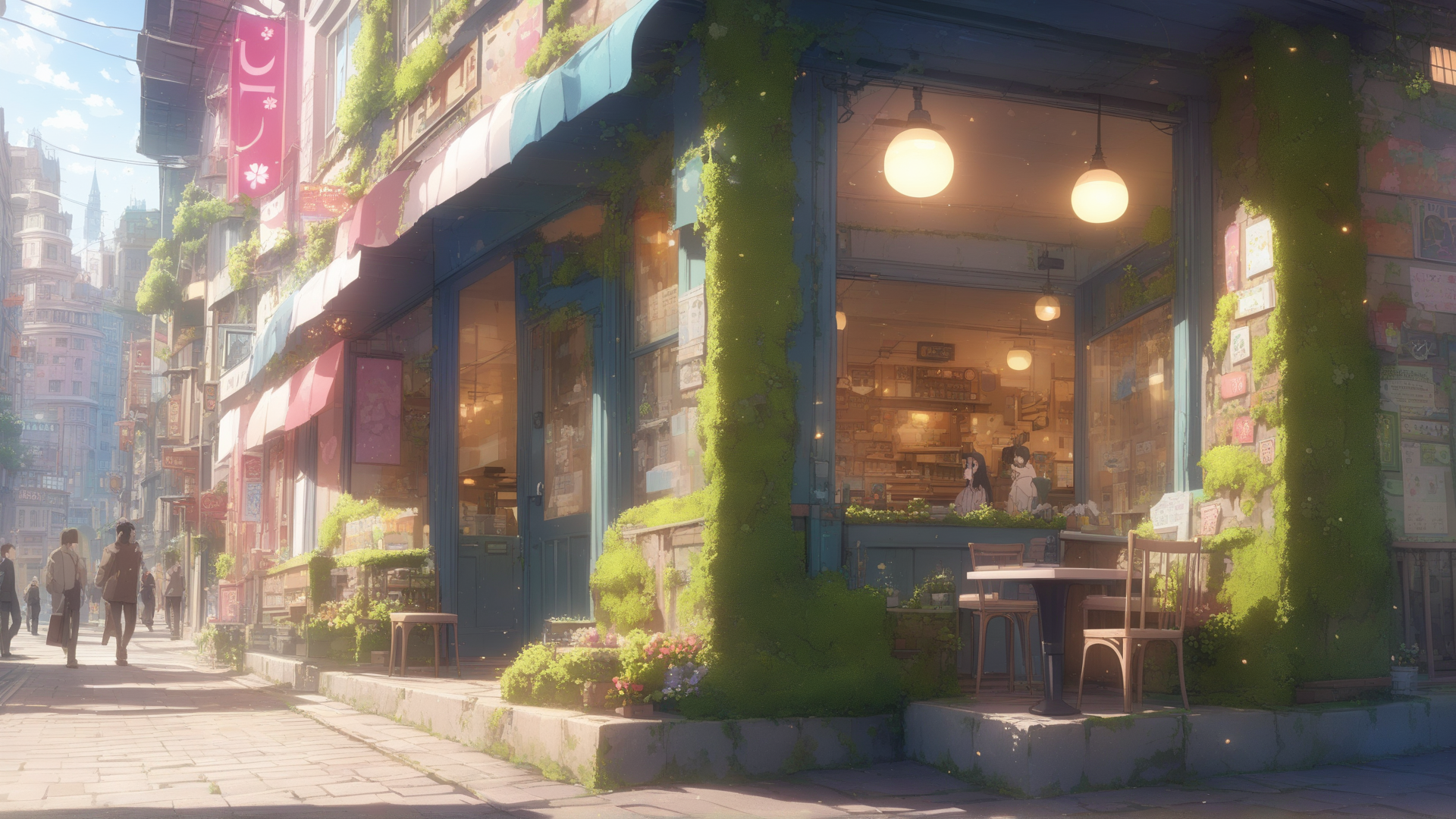 AI generated wallpaper featuring cafe, street, anime