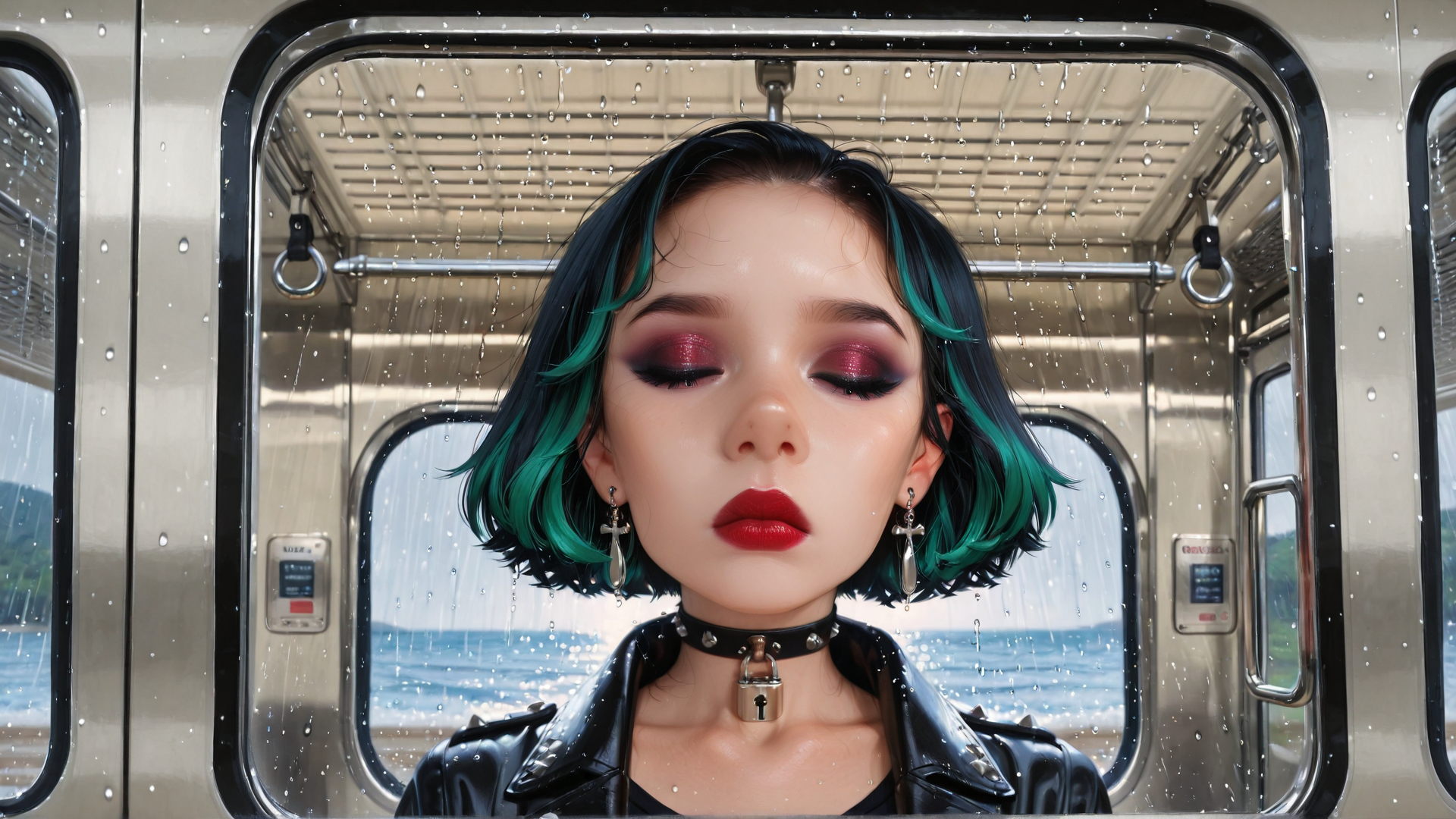 AI generated wallpaper featuring girl, train, rain, hair, choker, earrings, leather jacket, window, ocean, drops