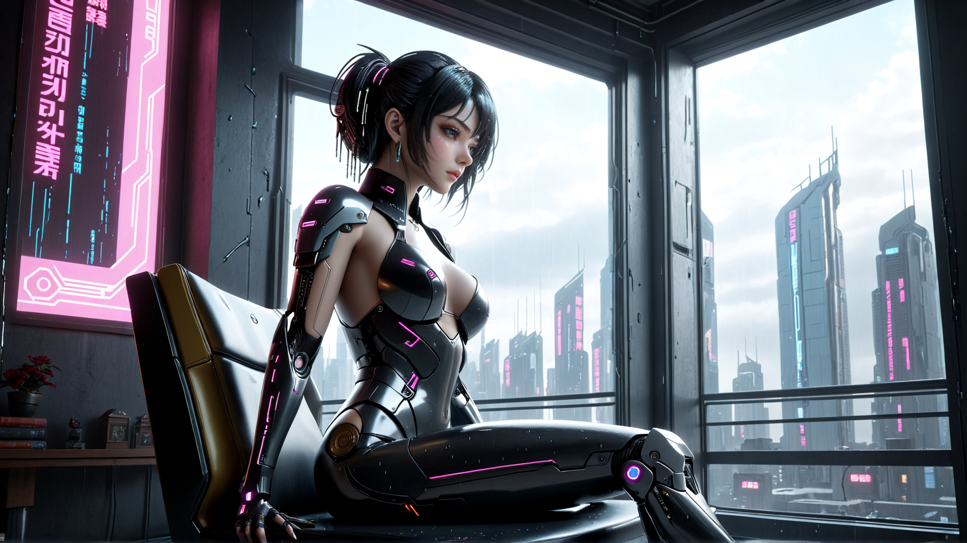 AI generated wallpaper featuring cyborg, woman, city