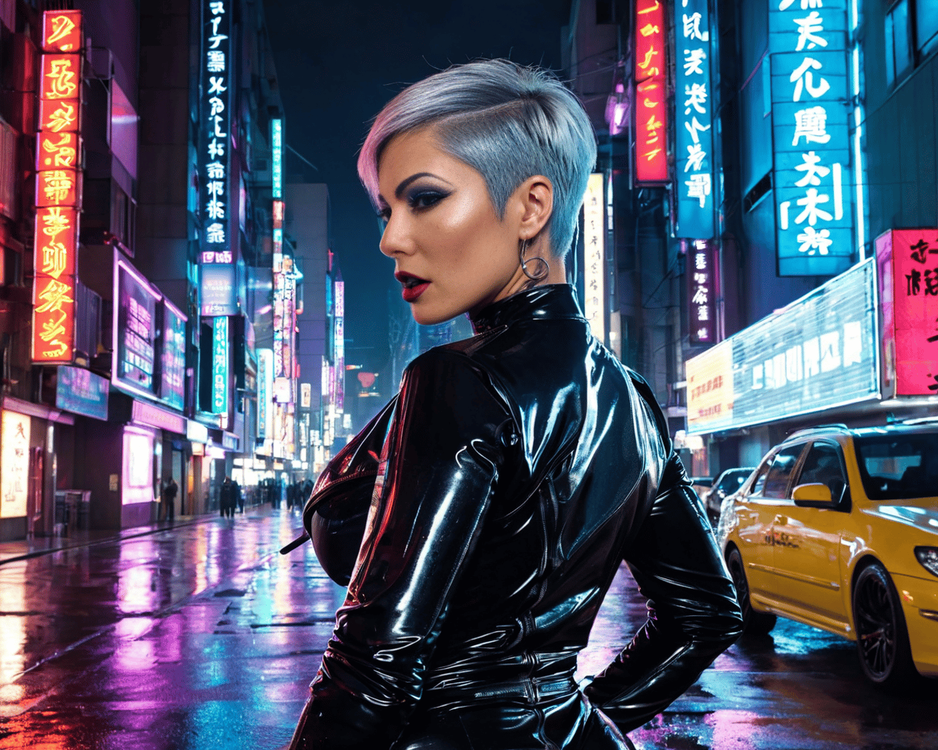 AI generated wallpaper featuring woman, city, neon