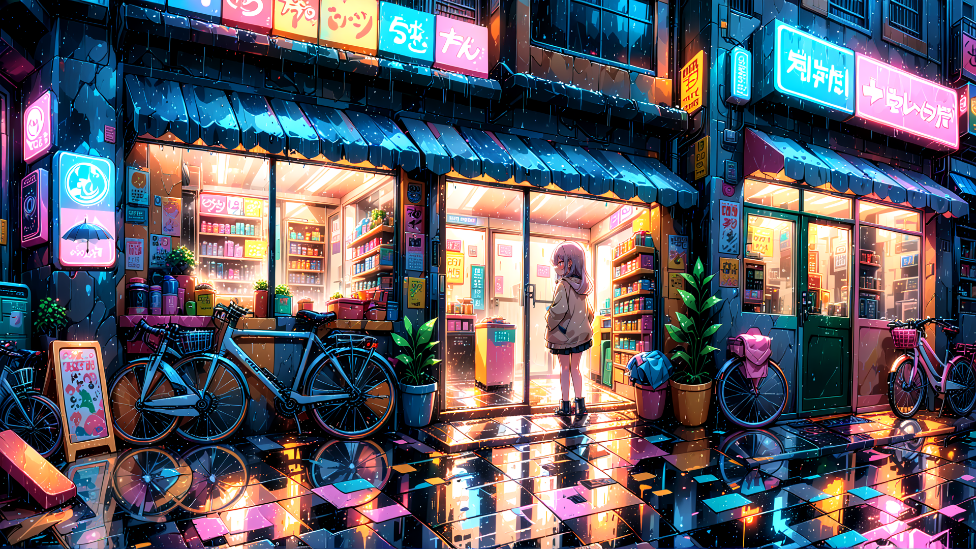 AI generated wallpaper featuring girl, store, bicycles