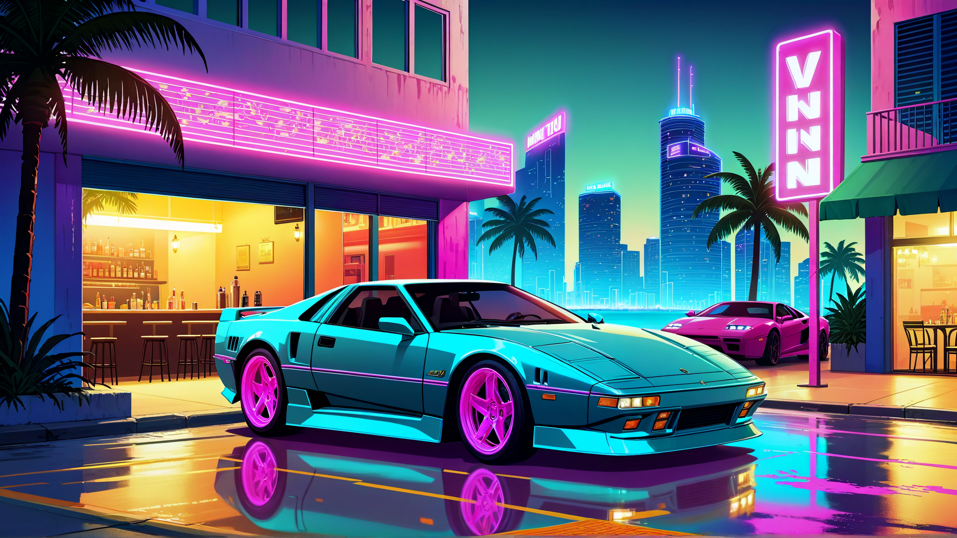 AI generated wallpaper featuring car, neon, city