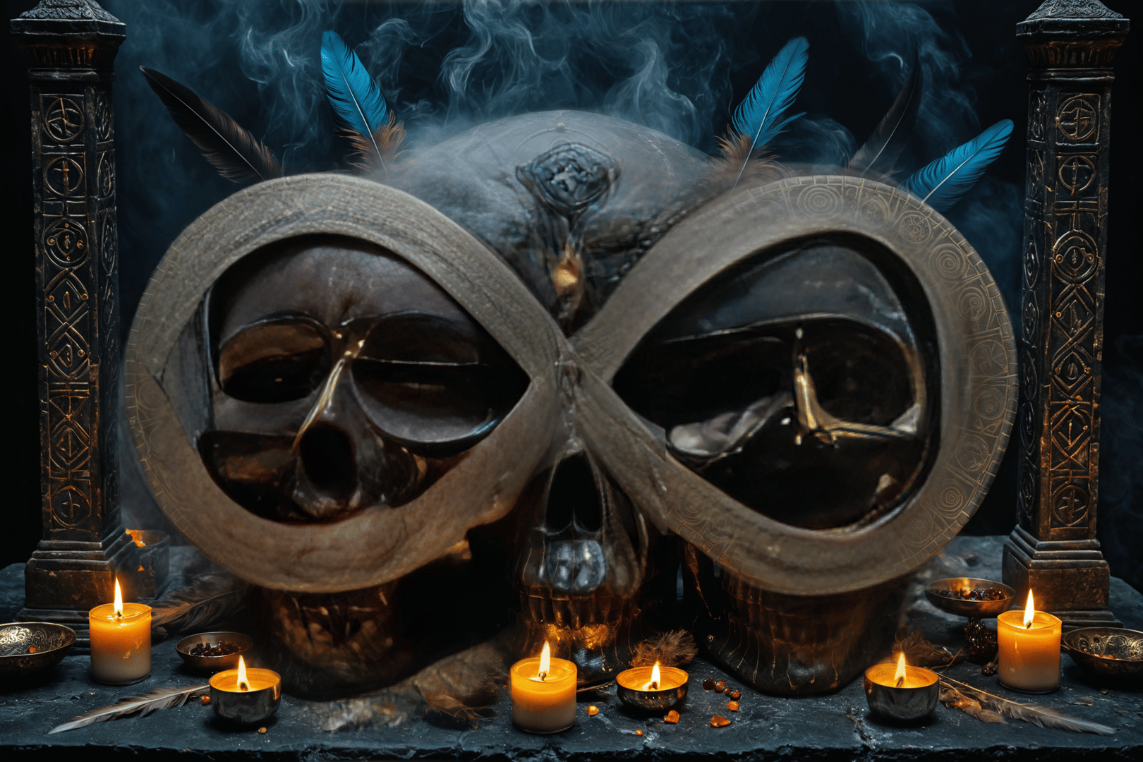 AI generated wallpaper featuring skull, candles, feathers