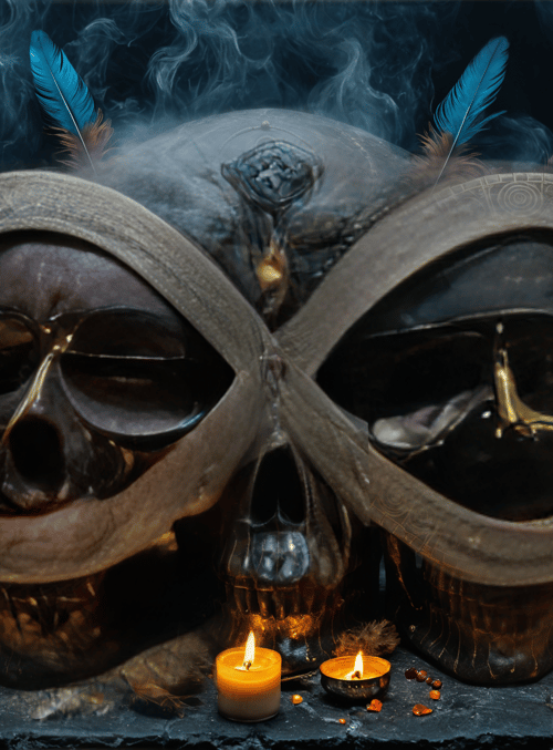 skull, candles, feathers