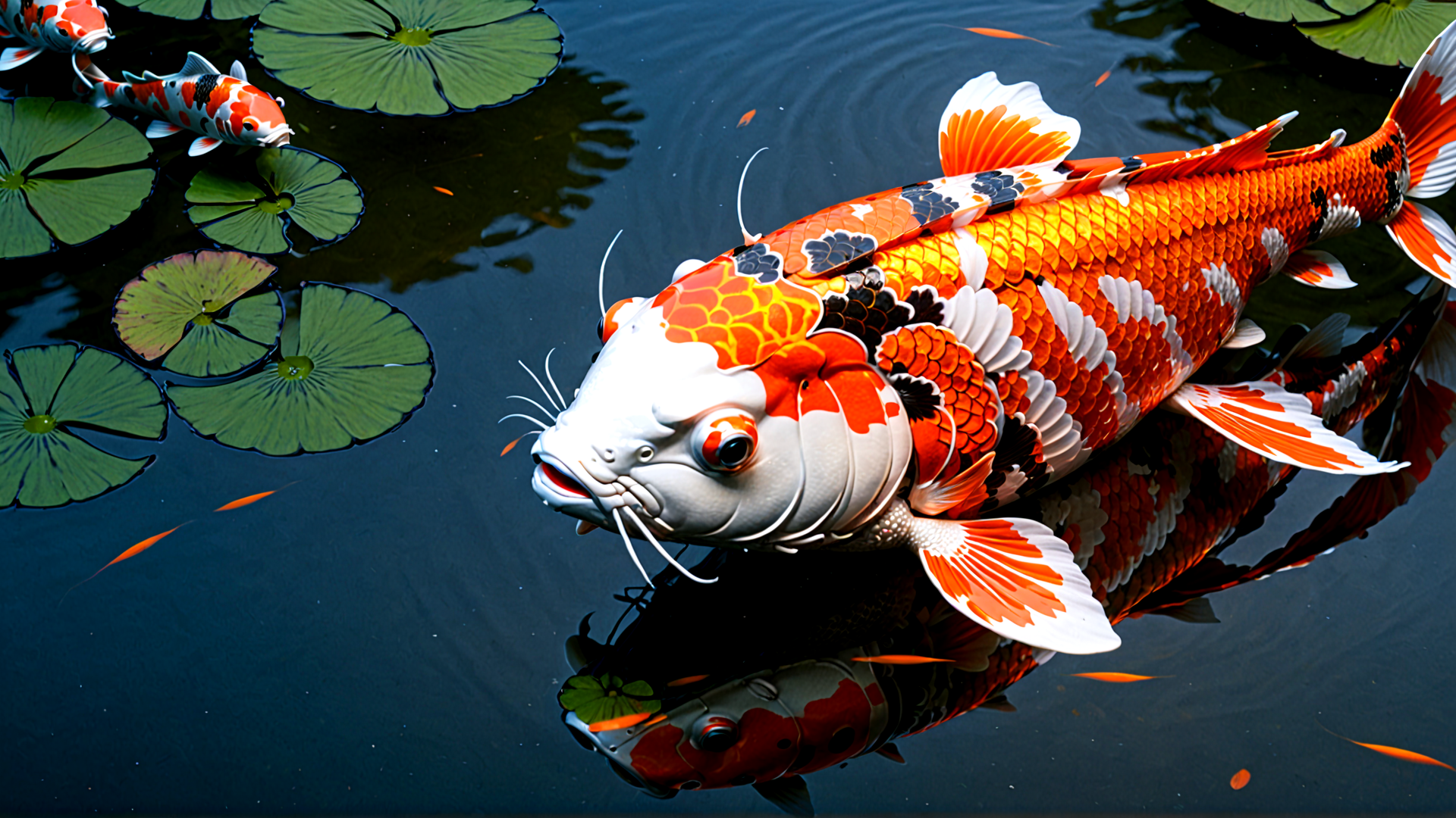 AI generated wallpaper featuring koi fish, lotus leaves, water