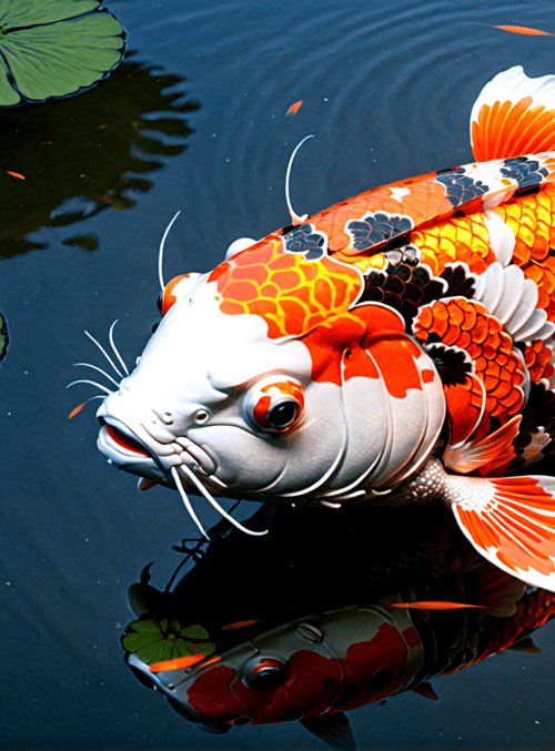 koi fish, lotus leaves, water