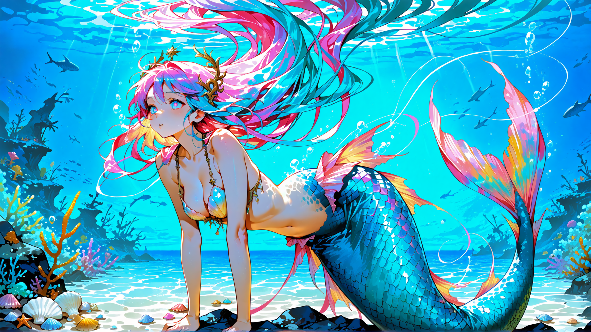 AI generated wallpaper featuring mermaid, sea, coral, fish, shell, wave, water, scales, sunlight, bubbles