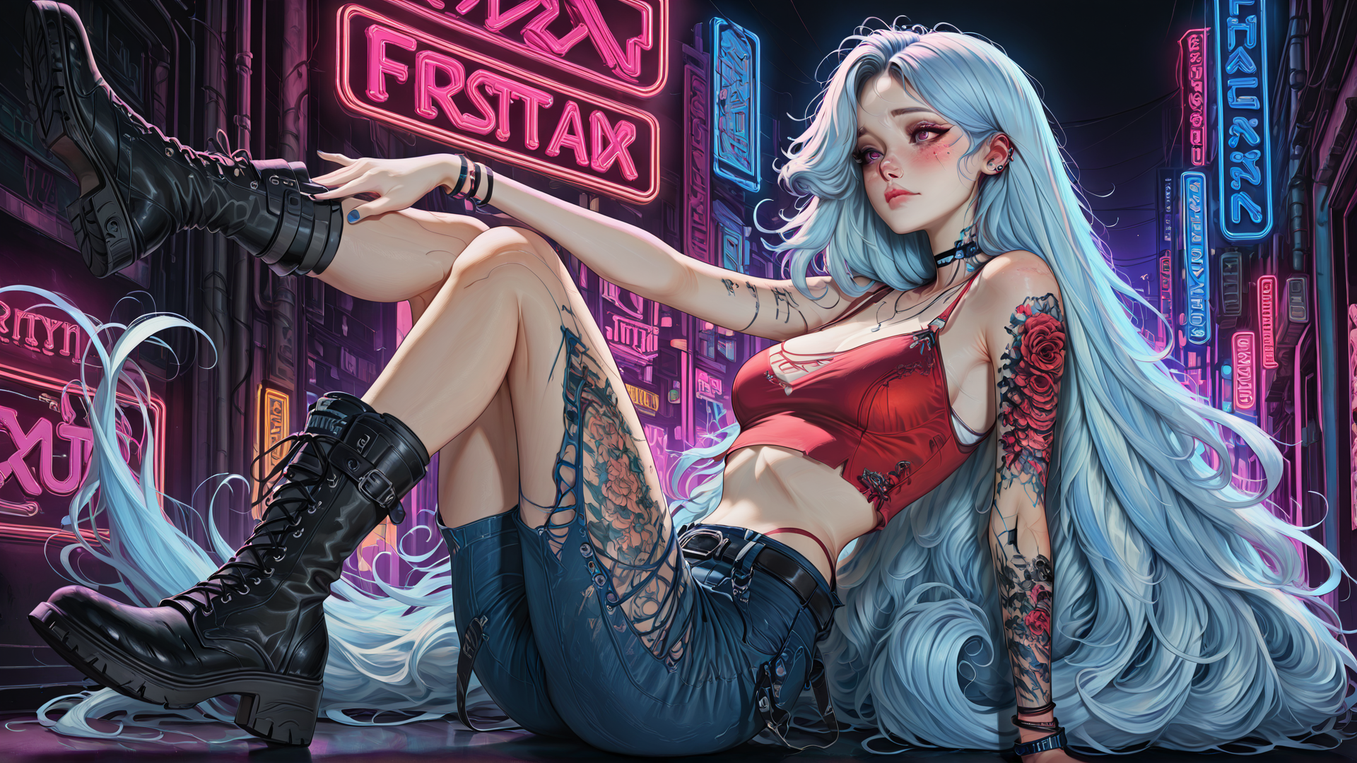 AI generated wallpaper featuring woman, tattoo, neon, boot, hair, city, sign, clothing, nail, earring
