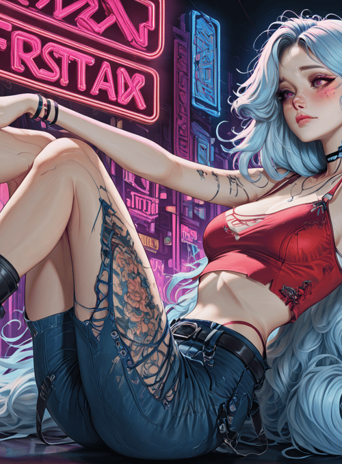 woman, tattoo, neon, boot, hair, city, sign, clothing, nail, earring