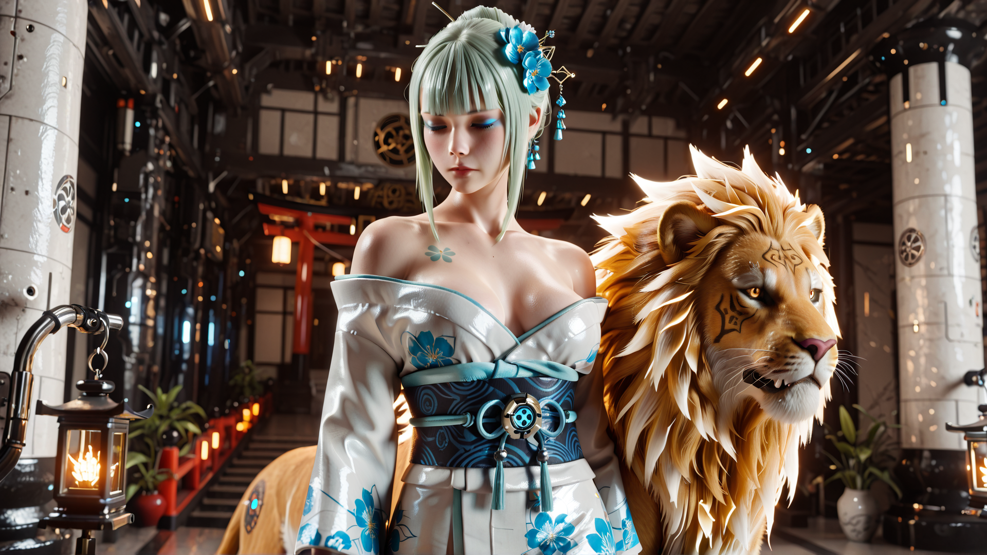AI generated wallpaper featuring woman, lion, lantern, cherry blossom, traditional dress, tattoo, futuristic building