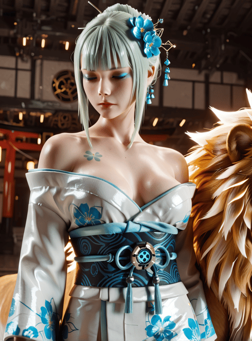woman, lion, lantern, cherry blossom, traditional dress, tattoo, futuristic building