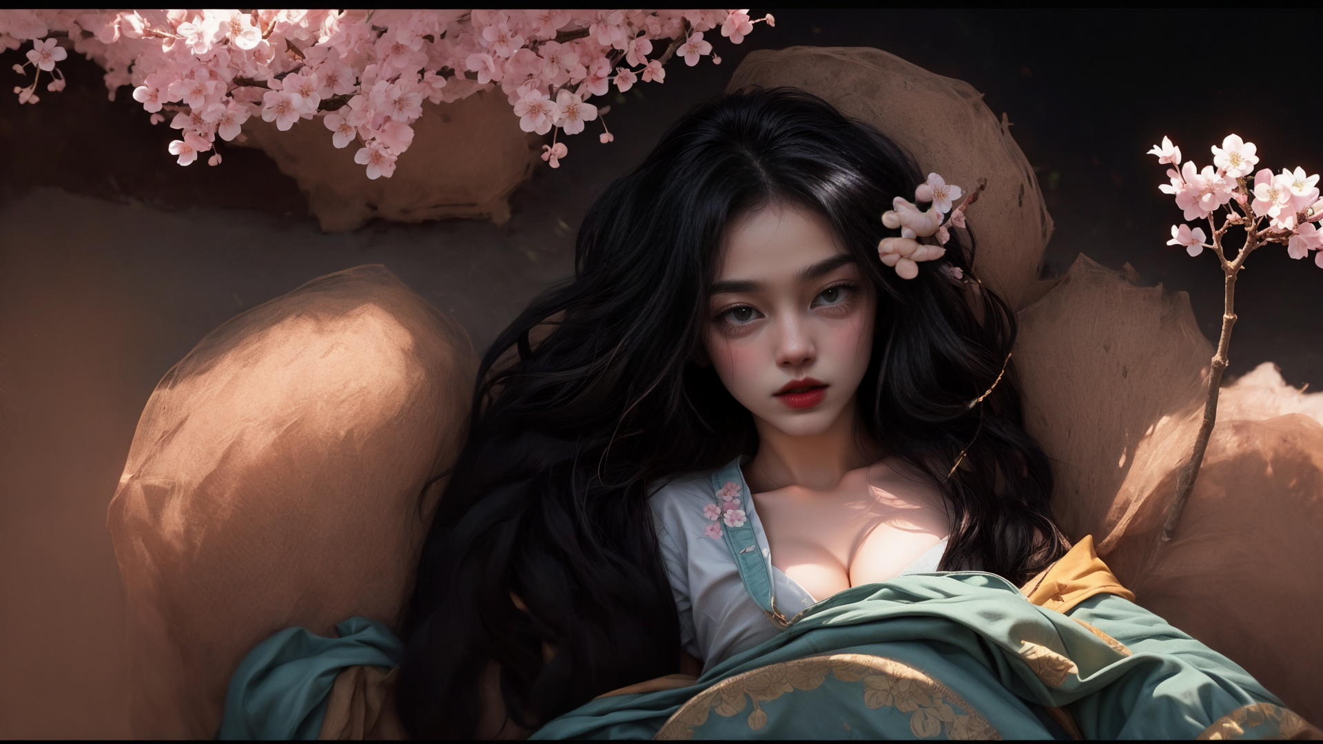 AI generated wallpaper featuring woman, cherry blossoms, traditional robe